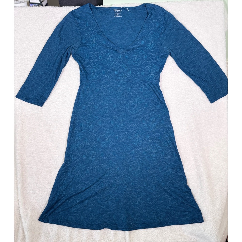 Toad&Co Rosalinda Dress Blue Geometric Organic Cotton Tencel V-Neck XS Small